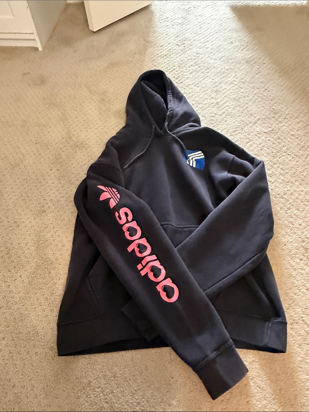 adidas Black Hoodie with Pink Sleeve Logo and Blue Chest Accent